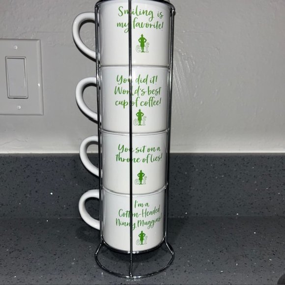 Christmas Elf Movie Will Ferrell Buddy Stack Ceramic Mug Set with Rack - Picture 3 of 5